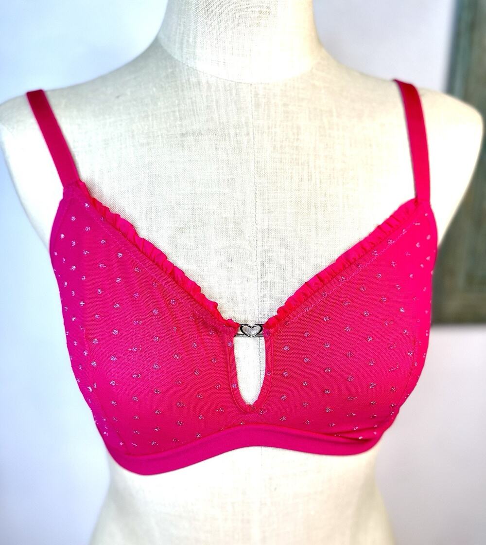 Hot Pink Glitter Heart Lace Bralette Y2K Festival Summer Size XL